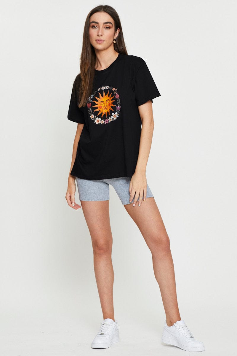 TSHIRT SEMI CROP Black Graphic T Shirt Short Sleeve for Women by Ally