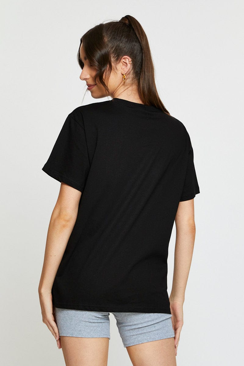 TSHIRT SEMI CROP Black Graphic T Shirt Short Sleeve for Women by Ally