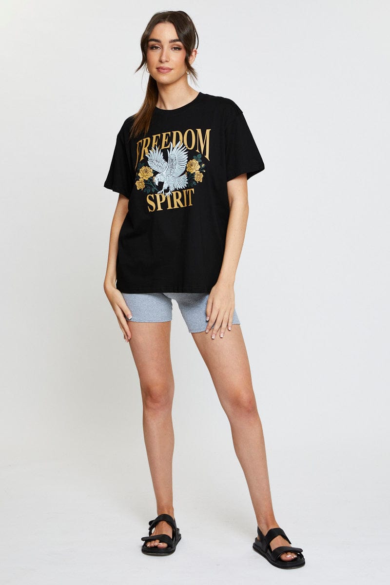 TSHIRT SEMI CROP Black Graphic T Shirt Short Sleeve for Women by Ally