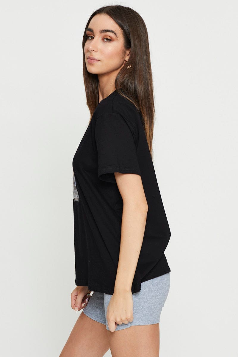 TSHIRT SEMI CROP Black Graphic T Shirt Short Sleeve for Women by Ally