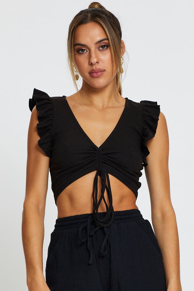 Women’s Black Top Flutter Sleeve Ruche | Ally Fashion