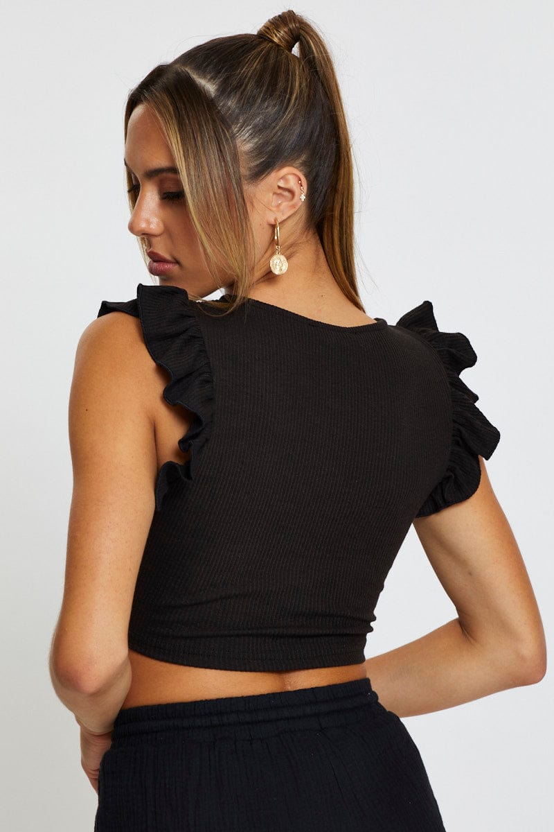 TSHIRT SEMI CROP Black Top Flutter Sleeve Ruche for Women by Ally