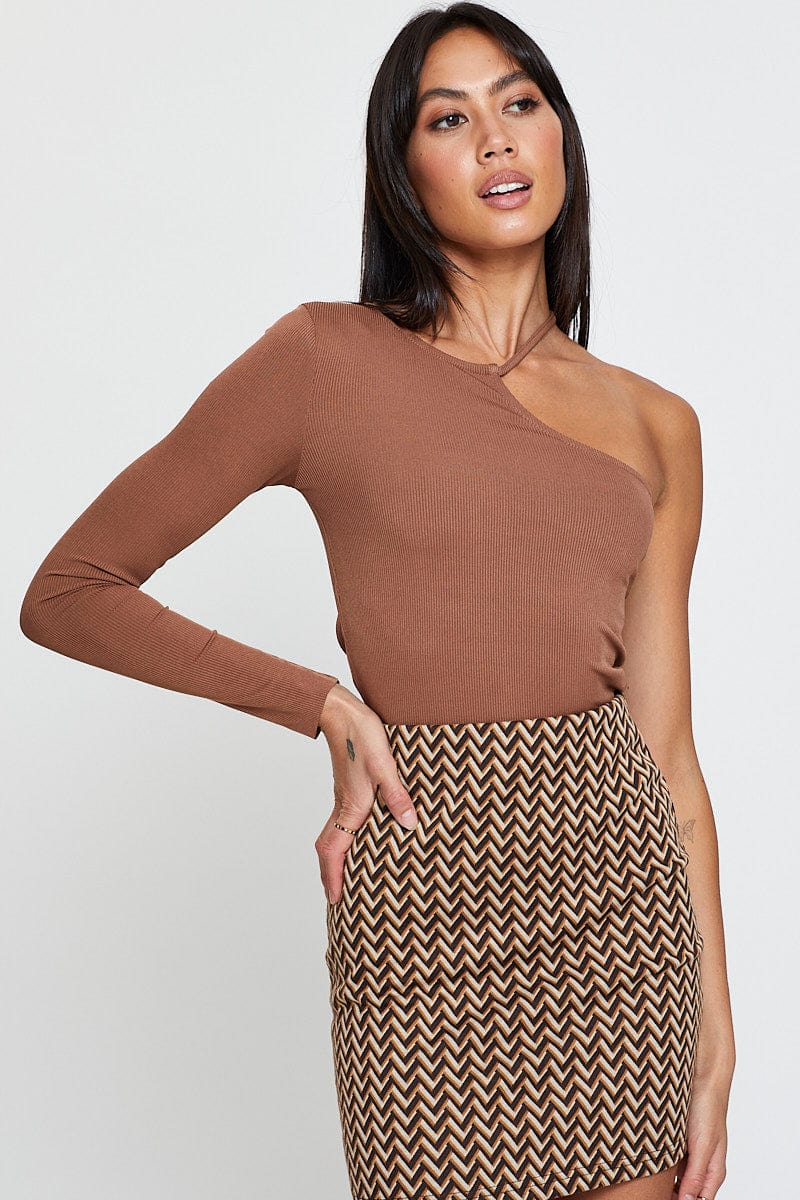 TSHIRT SEMI CROP Brown Asymmetric Top One Shoulder for Women by Ally