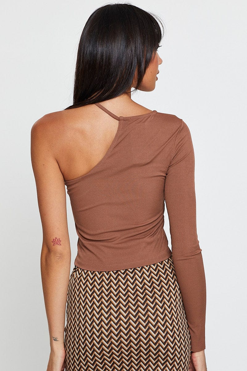 TSHIRT SEMI CROP Brown Asymmetric Top One Shoulder for Women by Ally