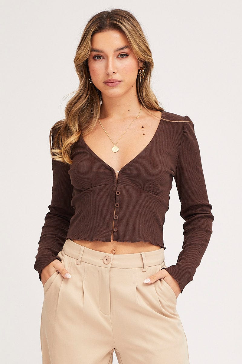 Women’s Brown Crop Top Long Sleeve | Ally Fashion