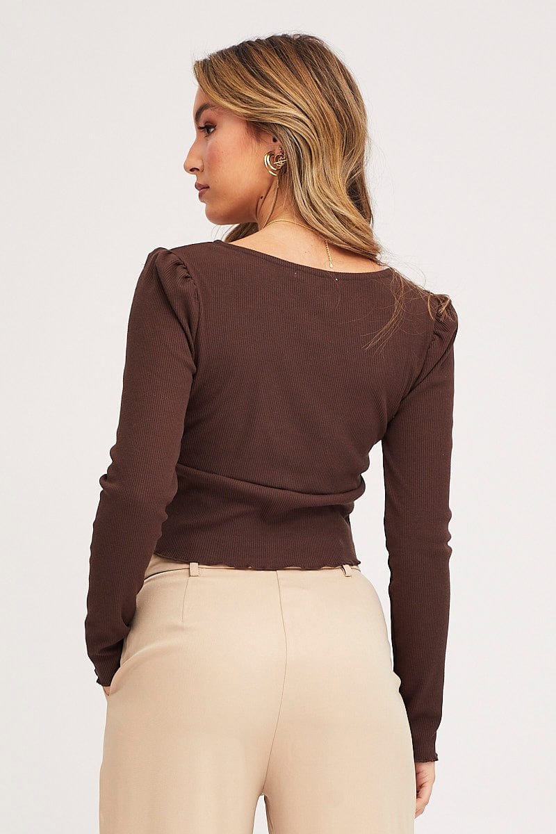 TSHIRT SEMI CROP Brown Crop Top Long Sleeve for Women by Ally