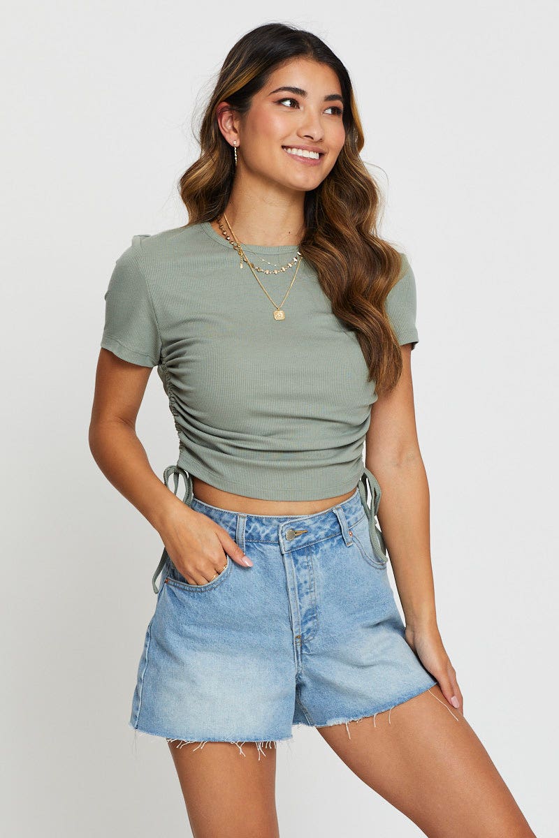 TSHIRT SEMI CROP Green Crop T Shirt Short Sleeve for Women by Ally
