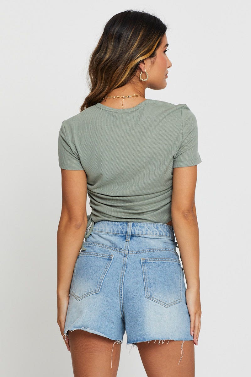TSHIRT SEMI CROP Green Crop T Shirt Short Sleeve for Women by Ally