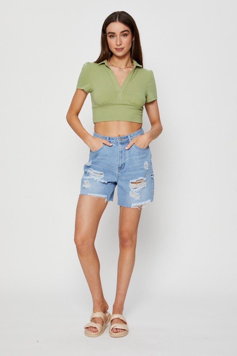 TSHIRT SEMI CROP Green Crop T Shirt Short Sleeve Collared for Women by Ally