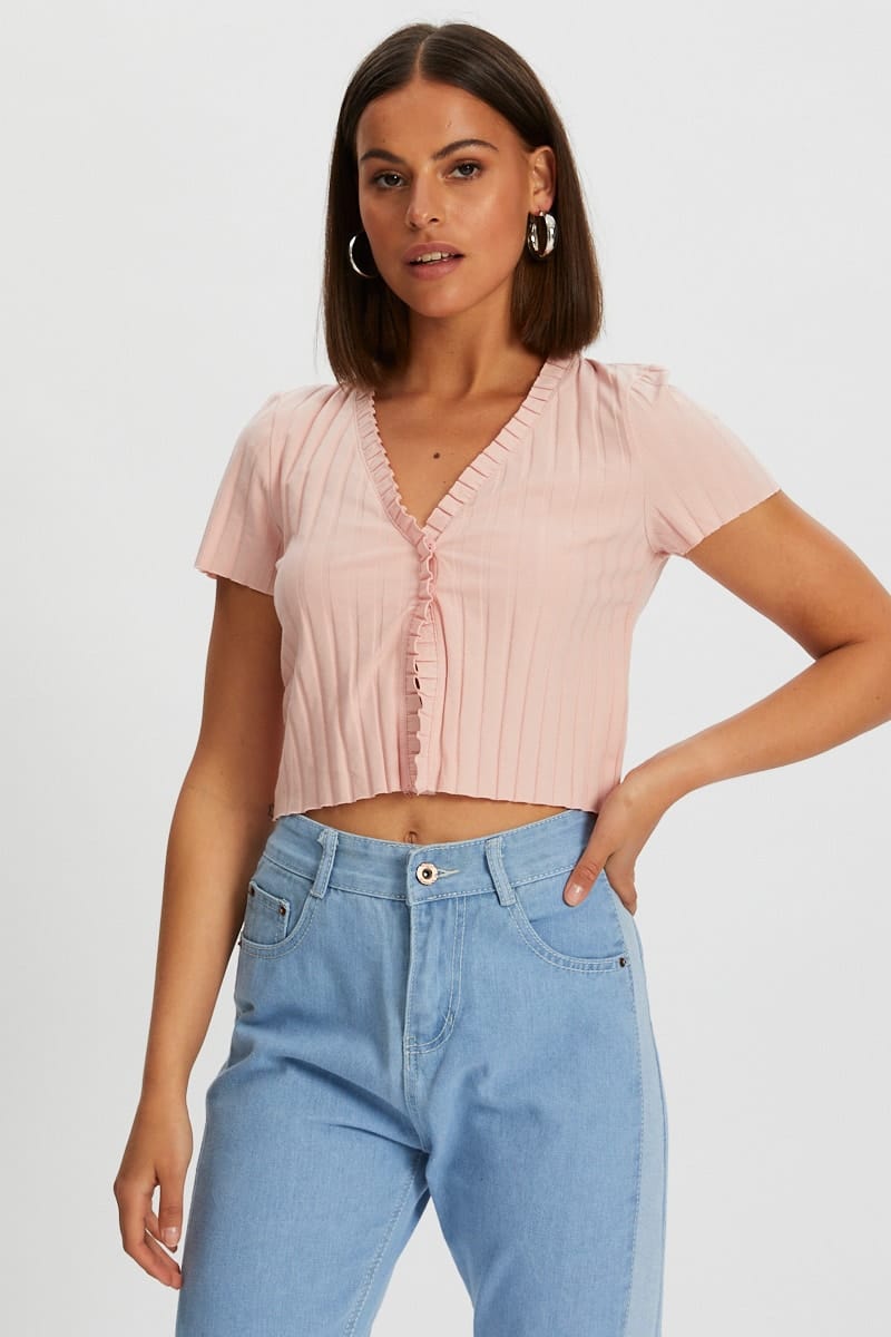 Women’s Pink Ribbed Open Front Top | Ally Fashion