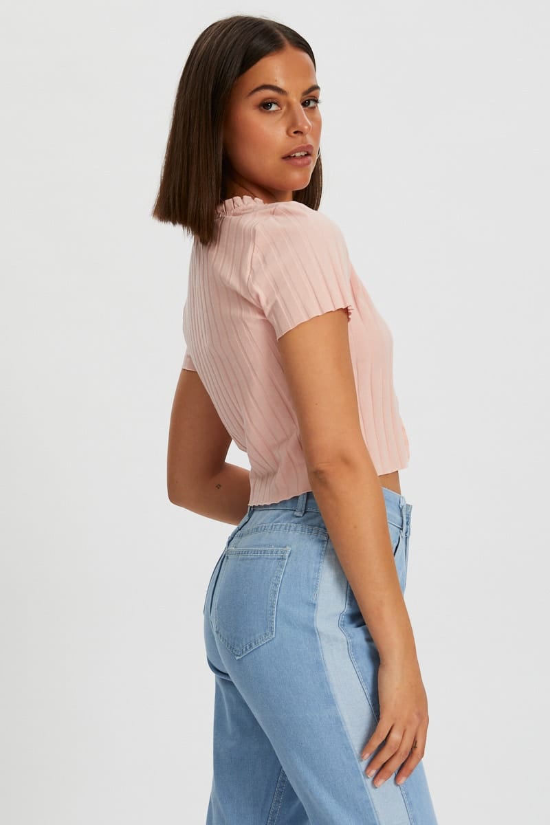 TSHIRT SEMI CROP Pink Ribbed Open Front Top for Women by Ally