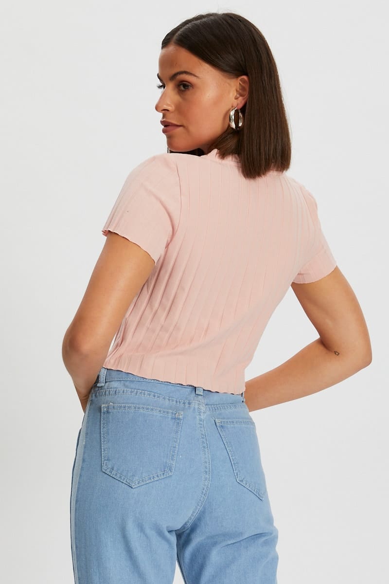 TSHIRT SEMI CROP Pink Ribbed Open Front Top for Women by Ally