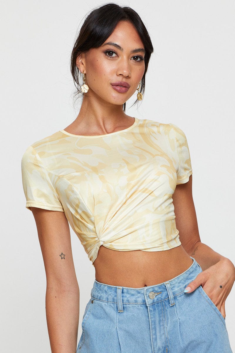 TSHIRT SEMI CROP Print Knot Top Short Sleeve for Women by Ally