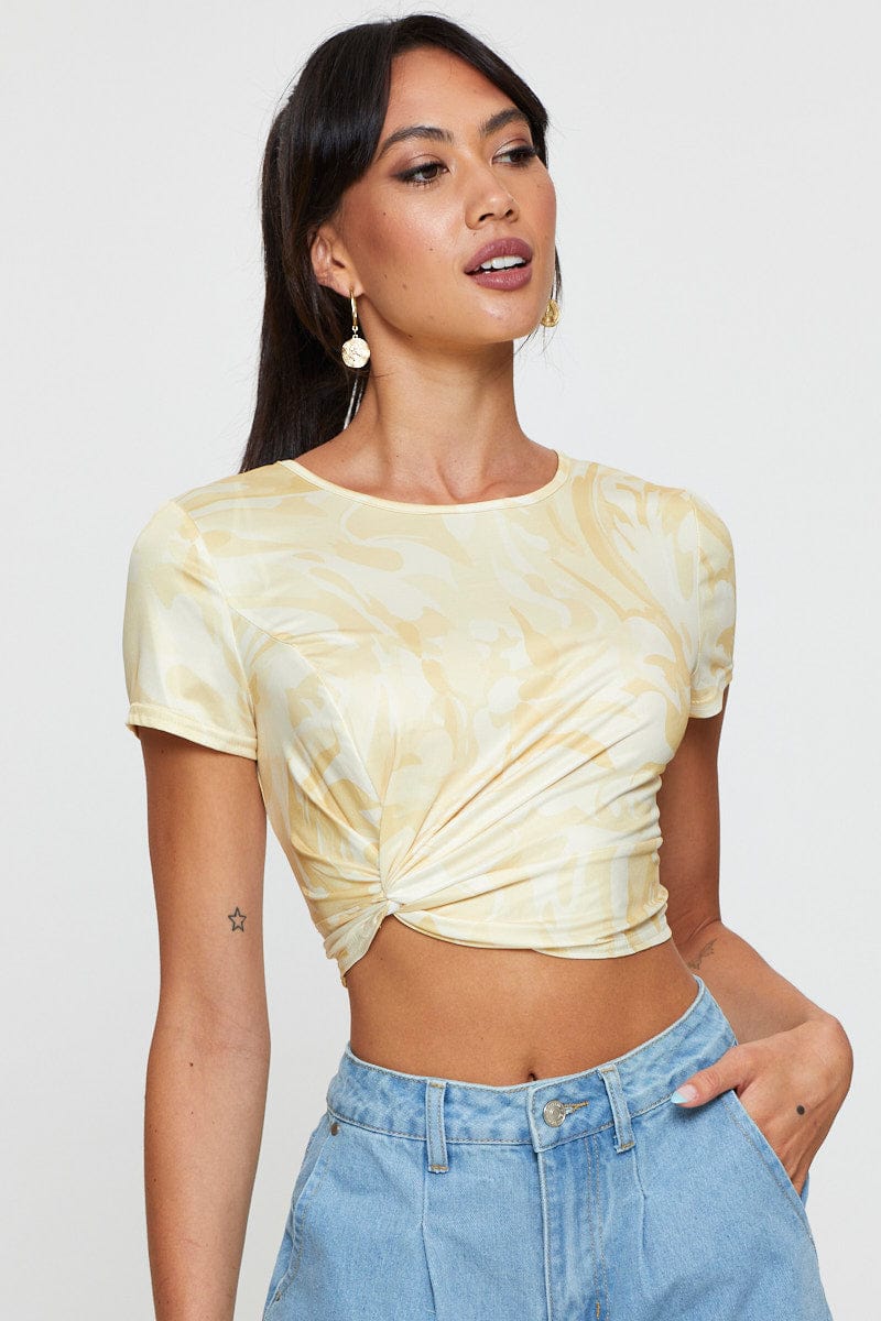 TSHIRT SEMI CROP Print Knot Top Short Sleeve for Women by Ally