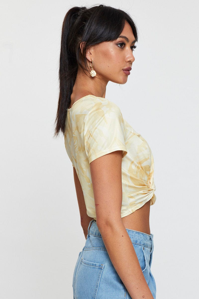 TSHIRT SEMI CROP Print Knot Top Short Sleeve for Women by Ally