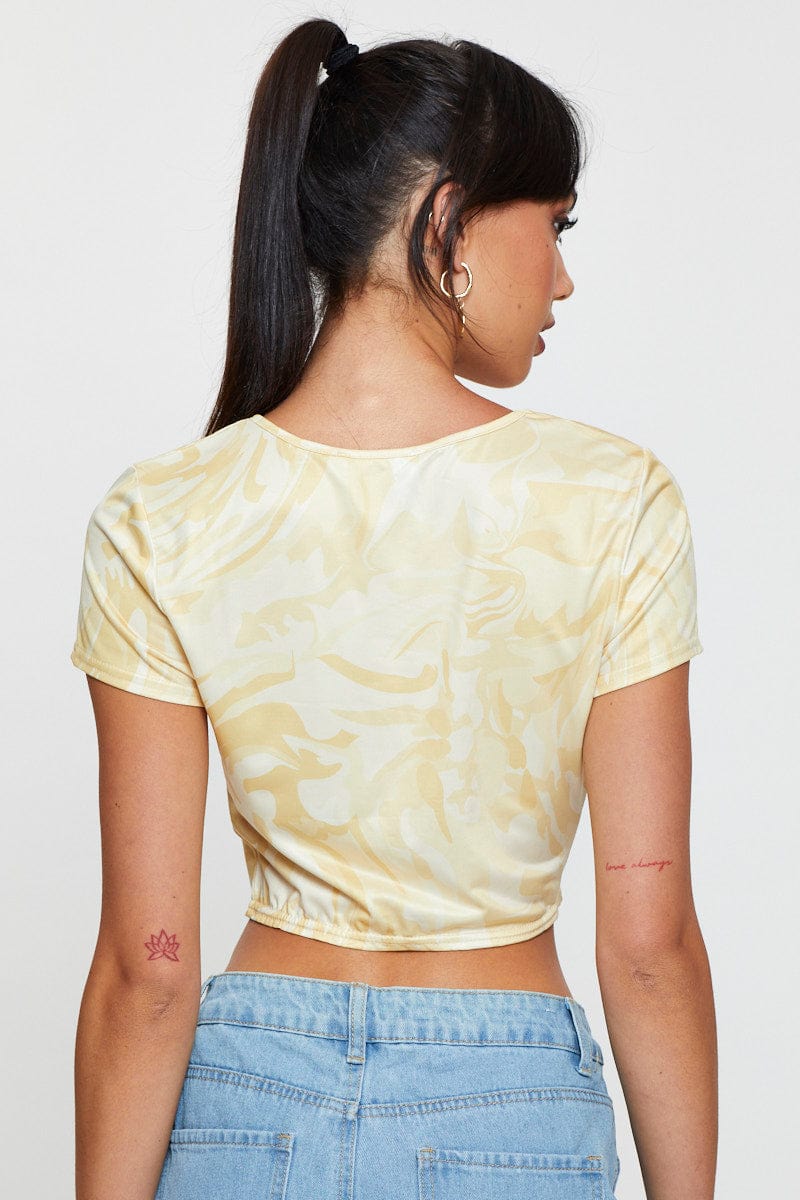 TSHIRT SEMI CROP Print Knot Top Short Sleeve for Women by Ally