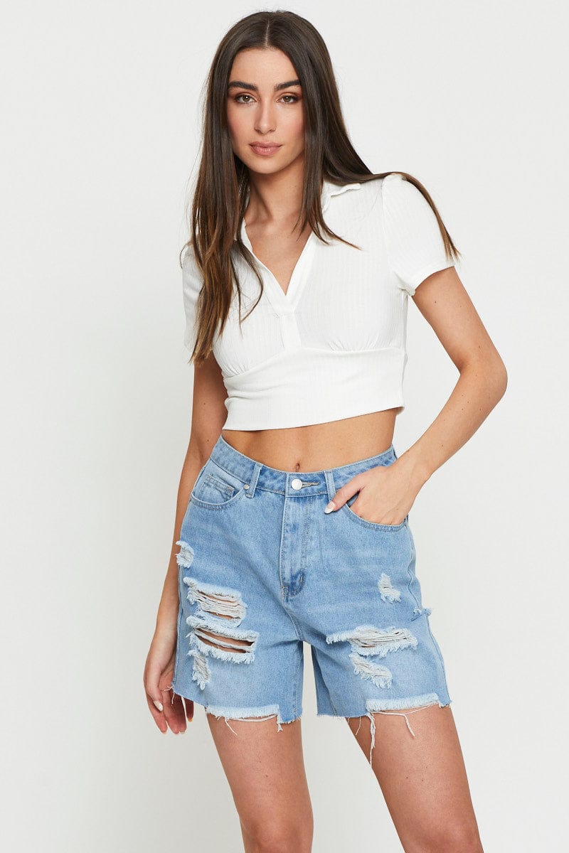 TSHIRT SEMI CROP White Crop T Shirt Short Sleeve Collared for Women by Ally