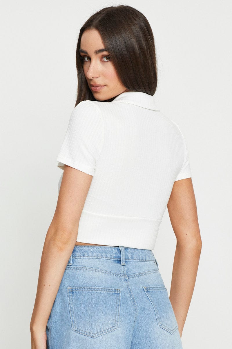 TSHIRT SEMI CROP White Crop T Shirt Short Sleeve Collared for Women by Ally