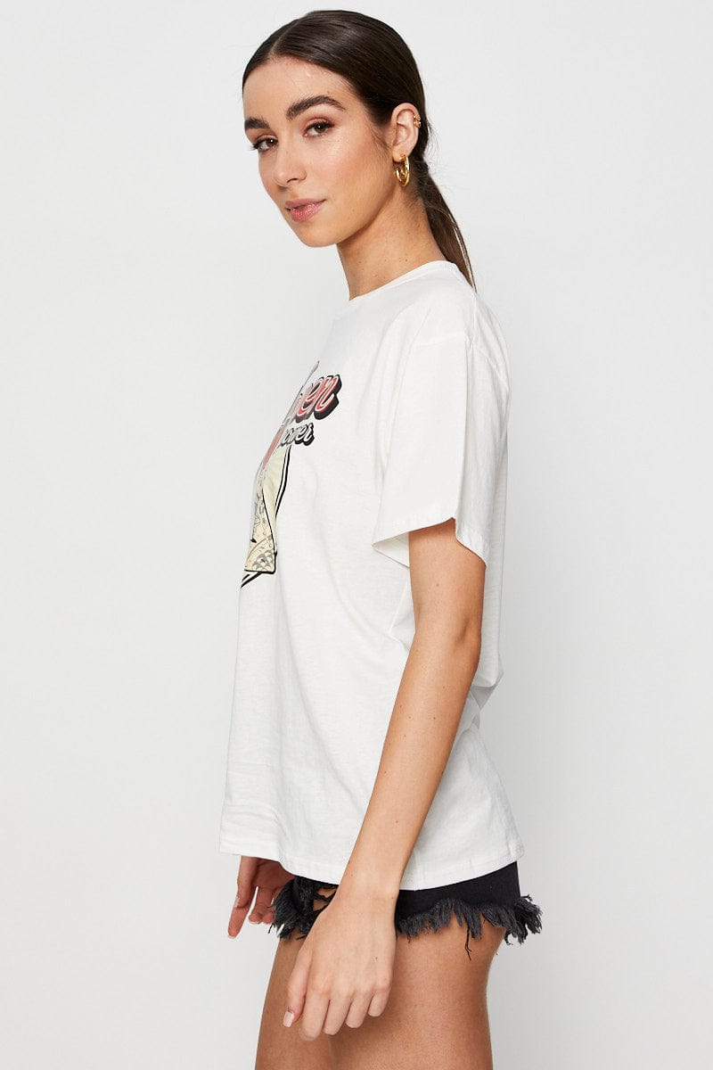 TSHIRT SEMI CROP White Graphic T Shirt Short Sleeve for Women by Ally