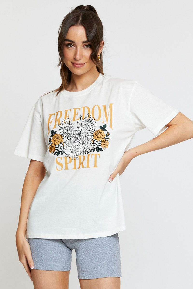 TSHIRT SEMI CROP White Graphic T Shirt Short Sleeve for Women by Ally