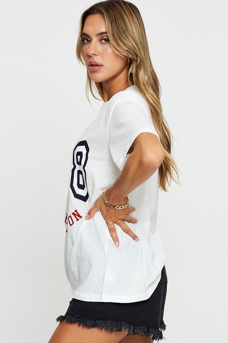 TSHIRT SEMI CROP White Graphic T Shirt Short Sleeve Boyfriend for Women by Ally