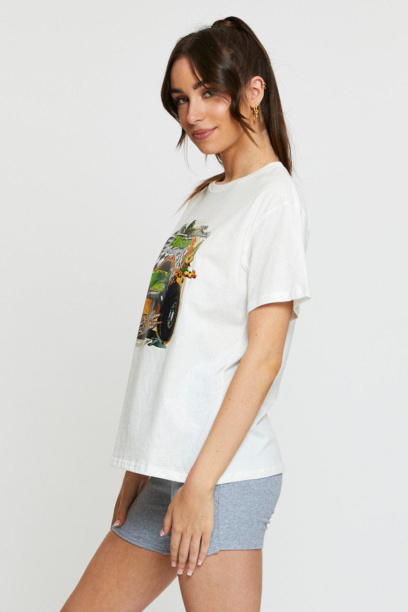 TSHIRT SEMI CROP White Vintage T Shirt Short Sleeve for Women by Ally