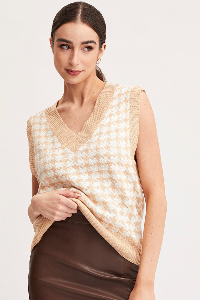 VEST Check Knit Top Sleeveless Oversized V-Neck for Women by Ally