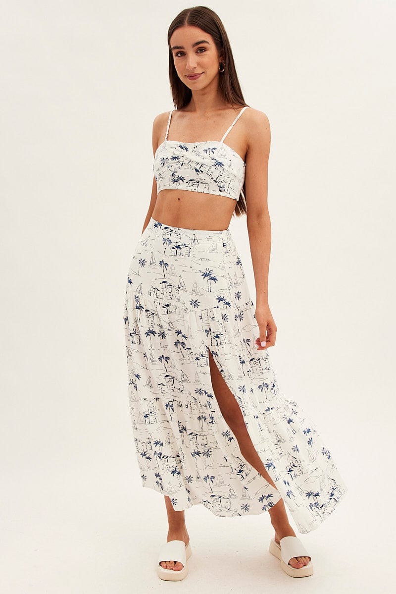 Blue Abstract Crop Top Adjustable Straps Printed Satin for Ally Fashion