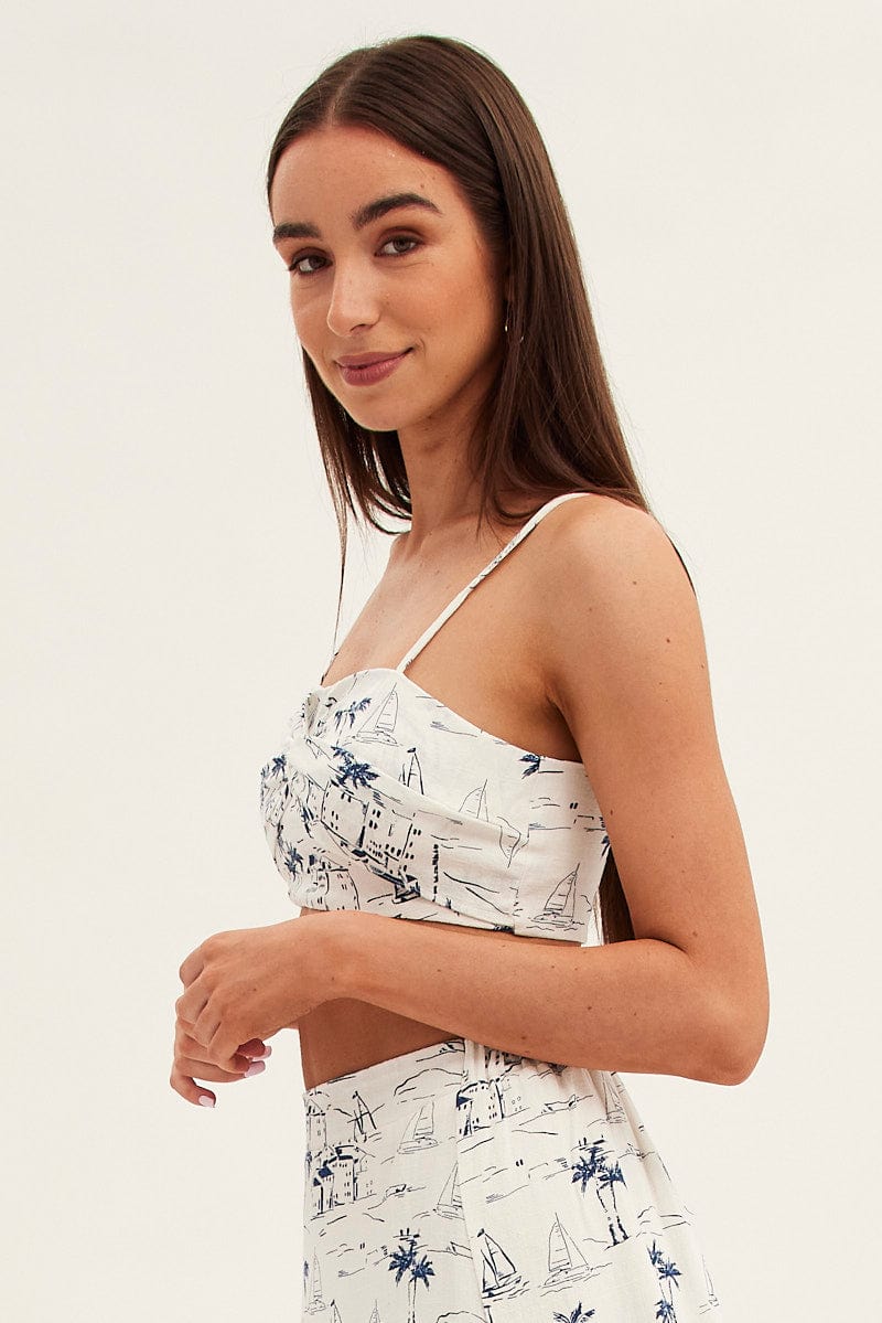 Blue Abstract Crop Top Adjustable Straps Printed Satin for Ally Fashion
