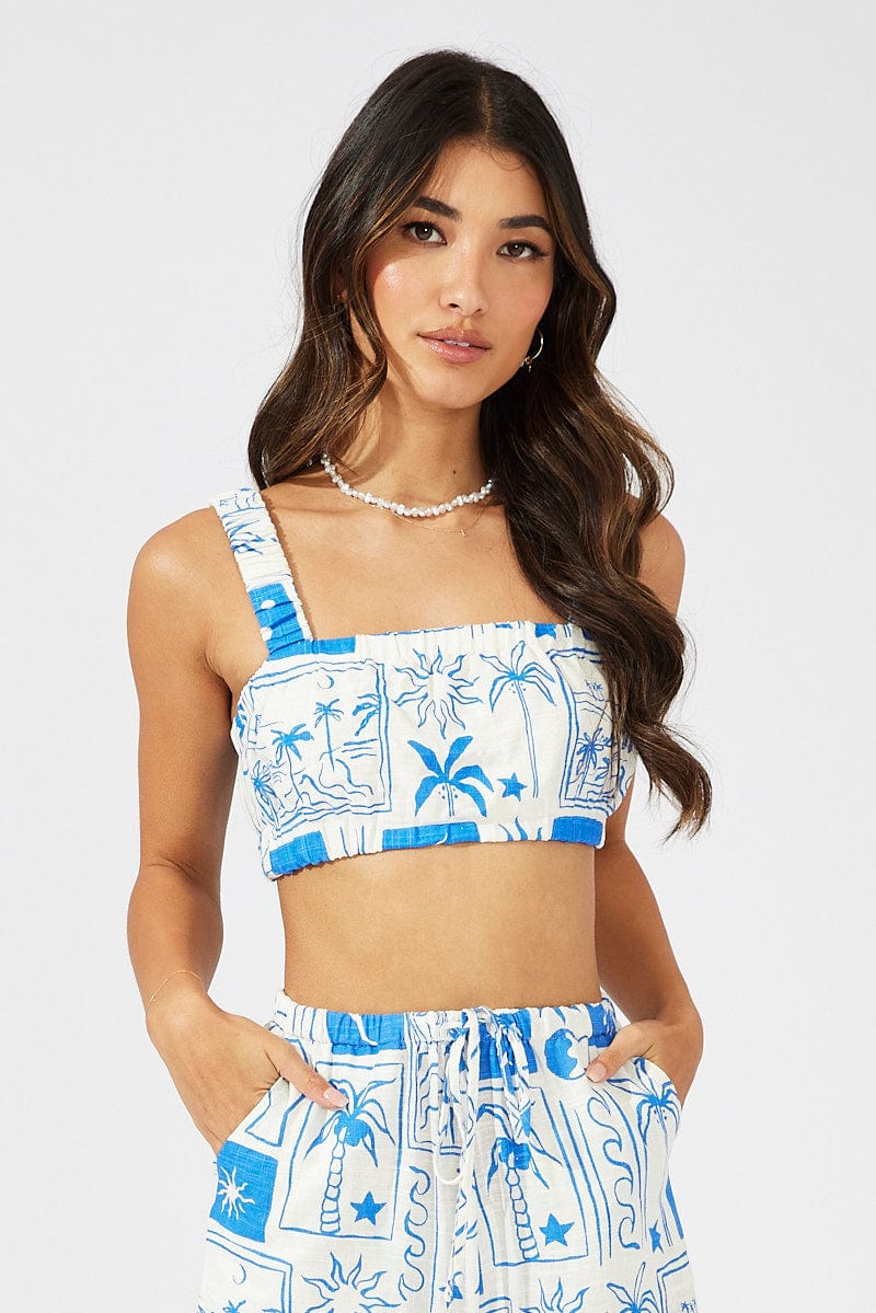 Blue Print Crop Top Square Neck for Ally Fashion