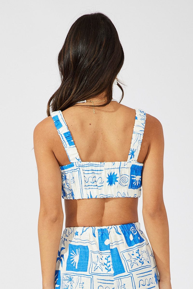 Blue Print Crop Top Square Neck for Ally Fashion