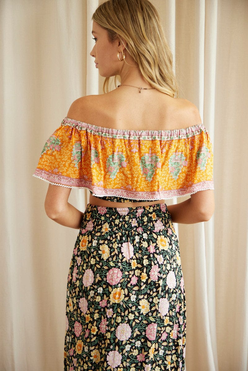 Boho Print Off Shoulder Shirred Waist Bardot Top for Ally Fashion