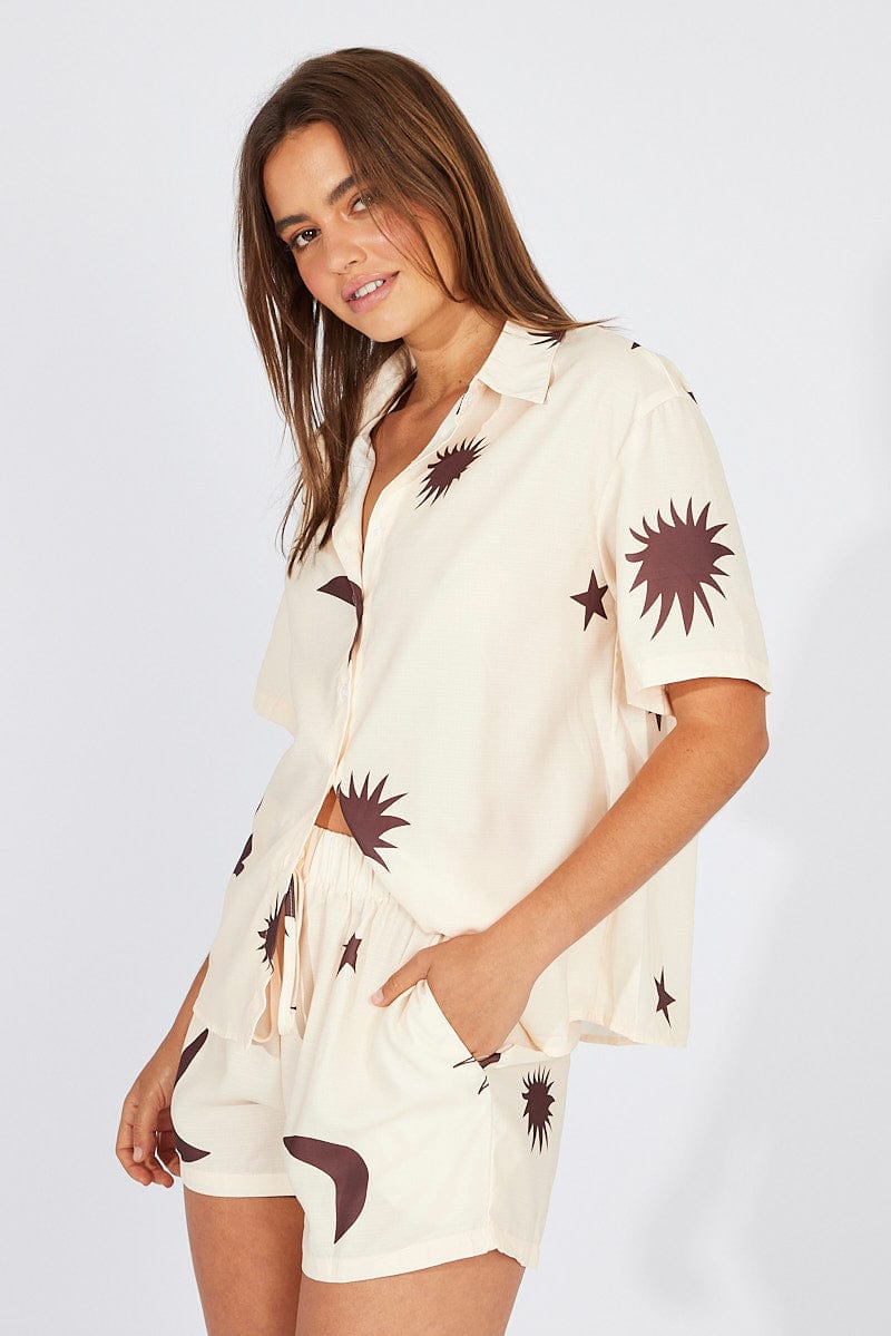 Beige Print Oversized Shirt and Pull on Shorts Set for Ally Fashion