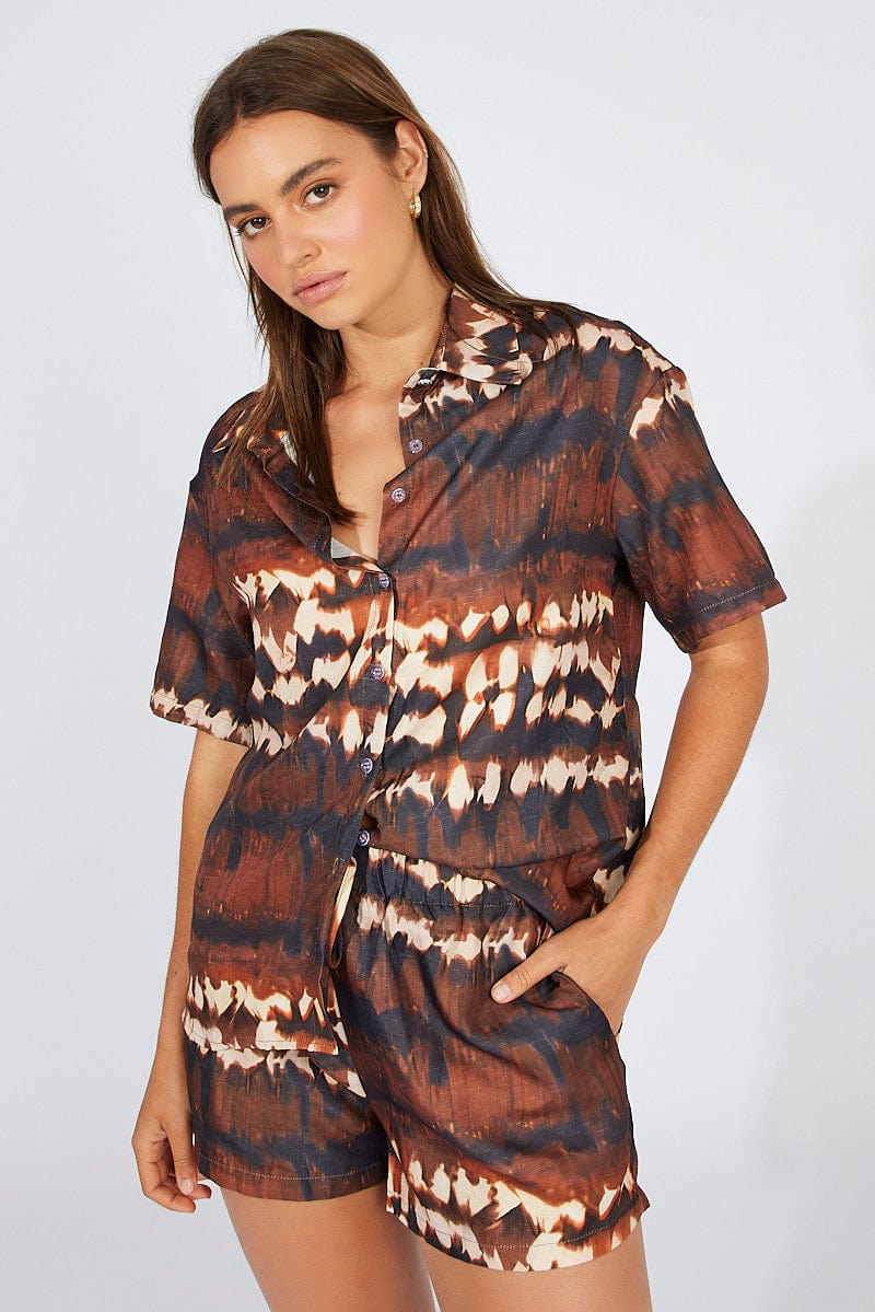 Brown Print Oversized Shirt and Pull on Shorts Set for Ally Fashion