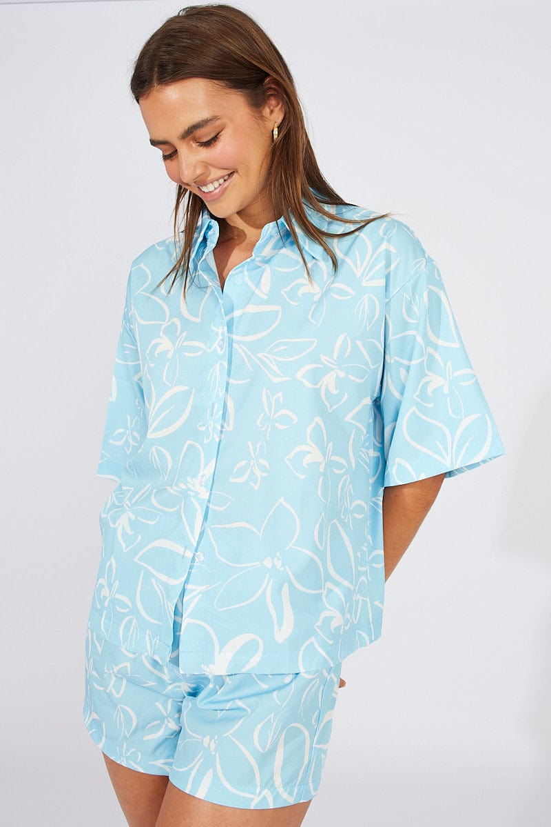 Blue Abstract Oversized Shirt and Pull on Shorts Set for Ally Fashion