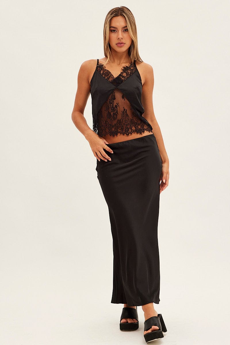 Black Lace Cami Sleeveless V-Neck Relaxed Fit Satin for Ally Fashion