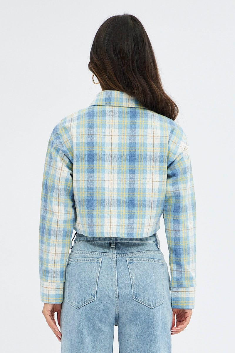 Blue Check Crop Shacket Long Sleeve Collared Fleece for Ally Fashion