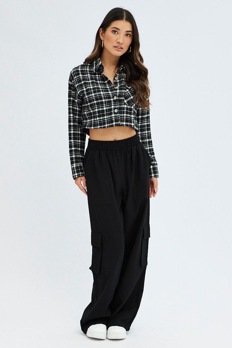 Black Check Crop Shacket Long Sleeve Collared Fleece for Ally Fashion
