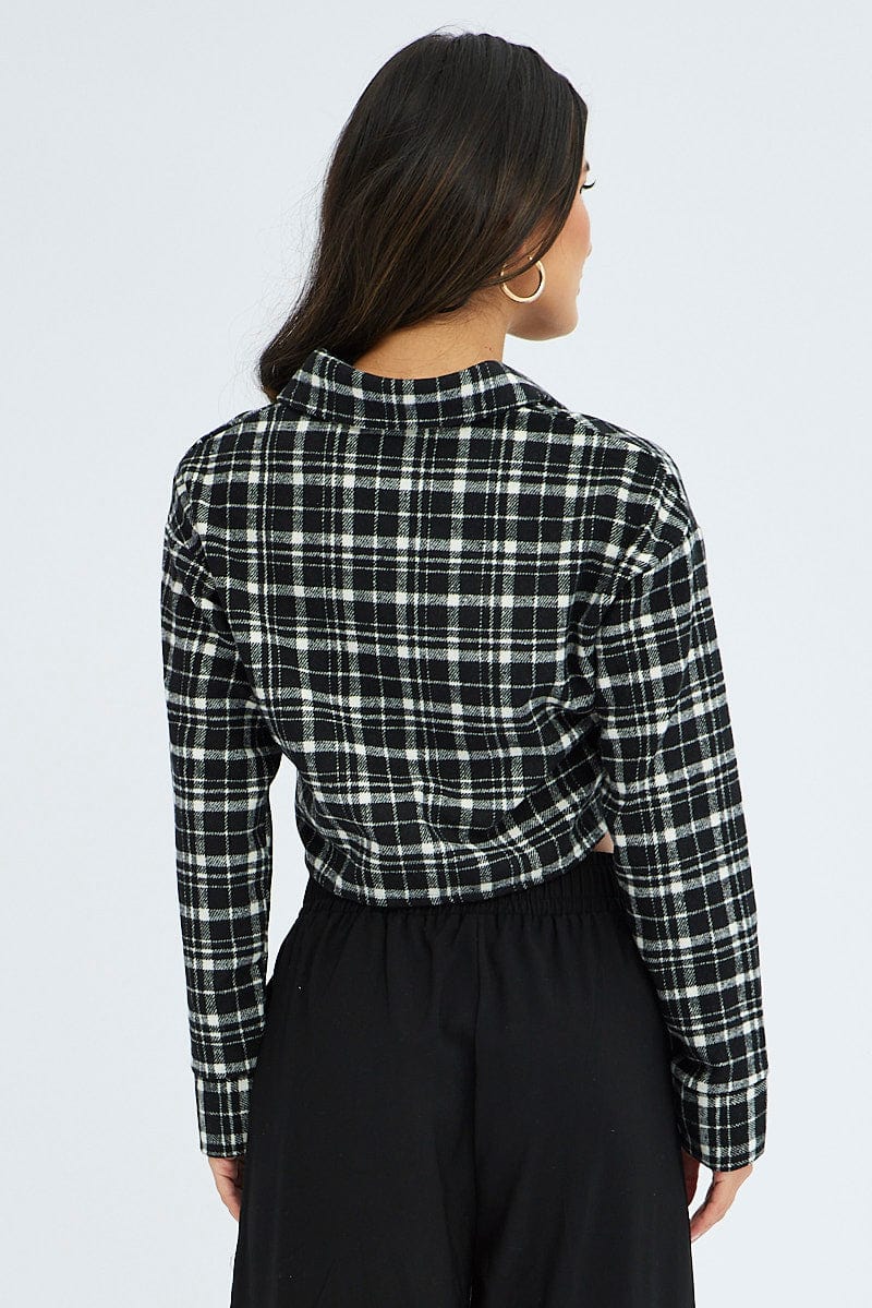 Black Check Crop Shacket Long Sleeve Collared Fleece for Ally Fashion