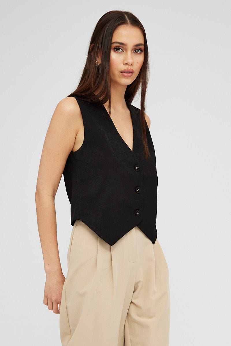 Black Top Waistcost Sleeveless V Neck Button Up Relaxed for Ally Fashion