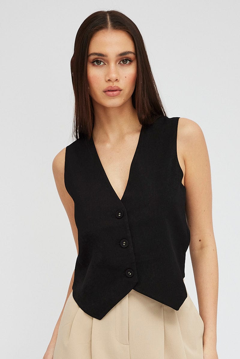 Black Top Waistcost Sleeveless V Neck Button Up Relaxed for Ally Fashion