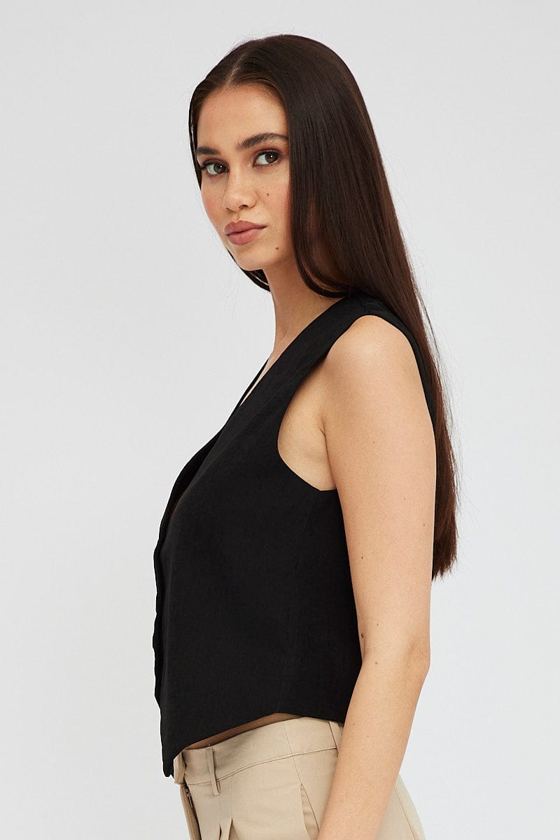 Black Top Waistcost Sleeveless V Neck Button Up Relaxed for Ally Fashion