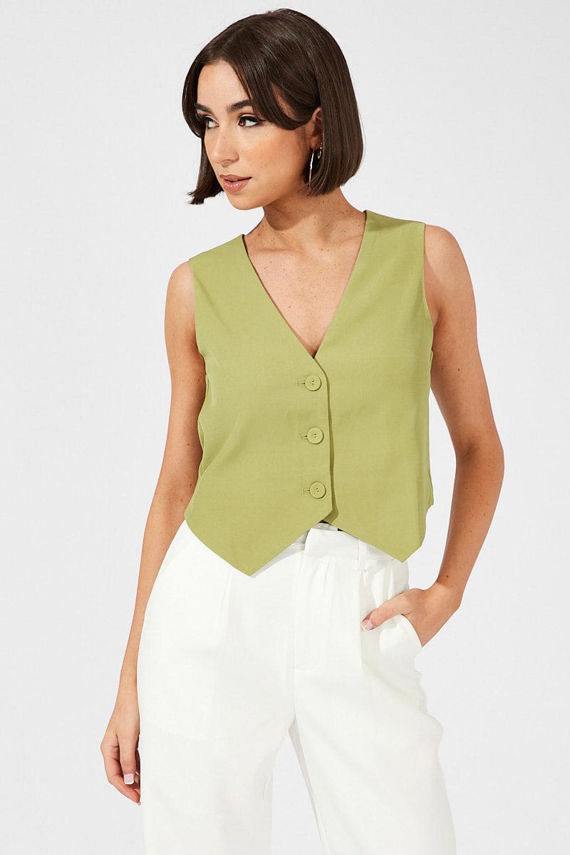 Green Top Waistcost Sleeveless V Neck Button Up Relaxed for Ally Fashion