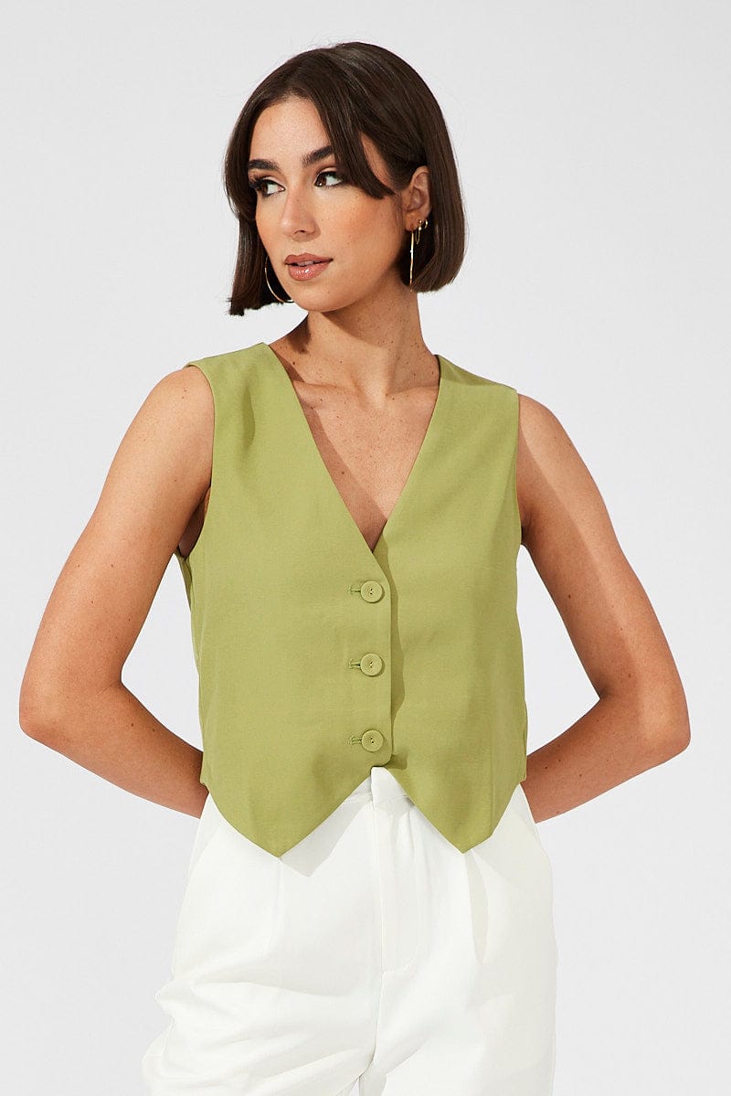 Green Top Waistcost Sleeveless V Neck Button Up Relaxed for Ally Fashion