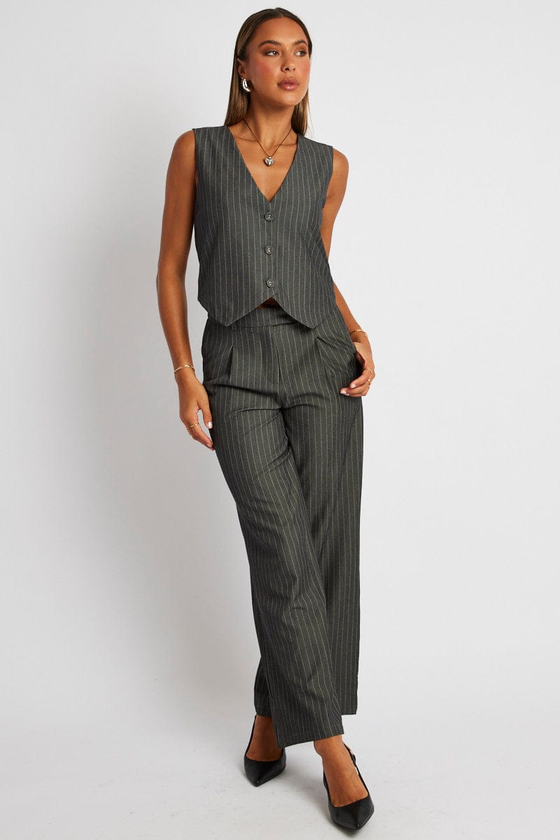 Grey Stripe Waistcoat Sleeveless V Neck Button Up for Ally Fashion