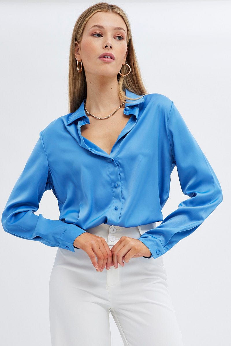 Blue Shirt Long Sleeve Collared Longline Matte Satin | Ally Fashion