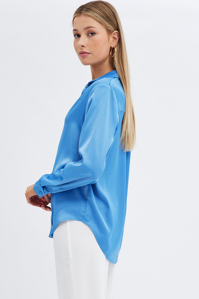 Blue Shirt Long Sleeve Collared Longline Matte Satin for Ally Fashion