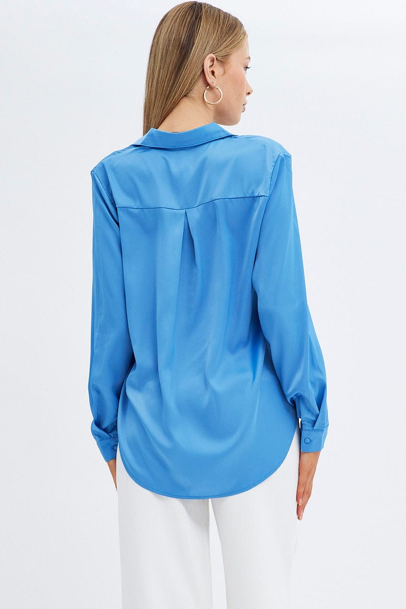 Blue Shirt Long Sleeve Collared Longline Matte Satin for Ally Fashion