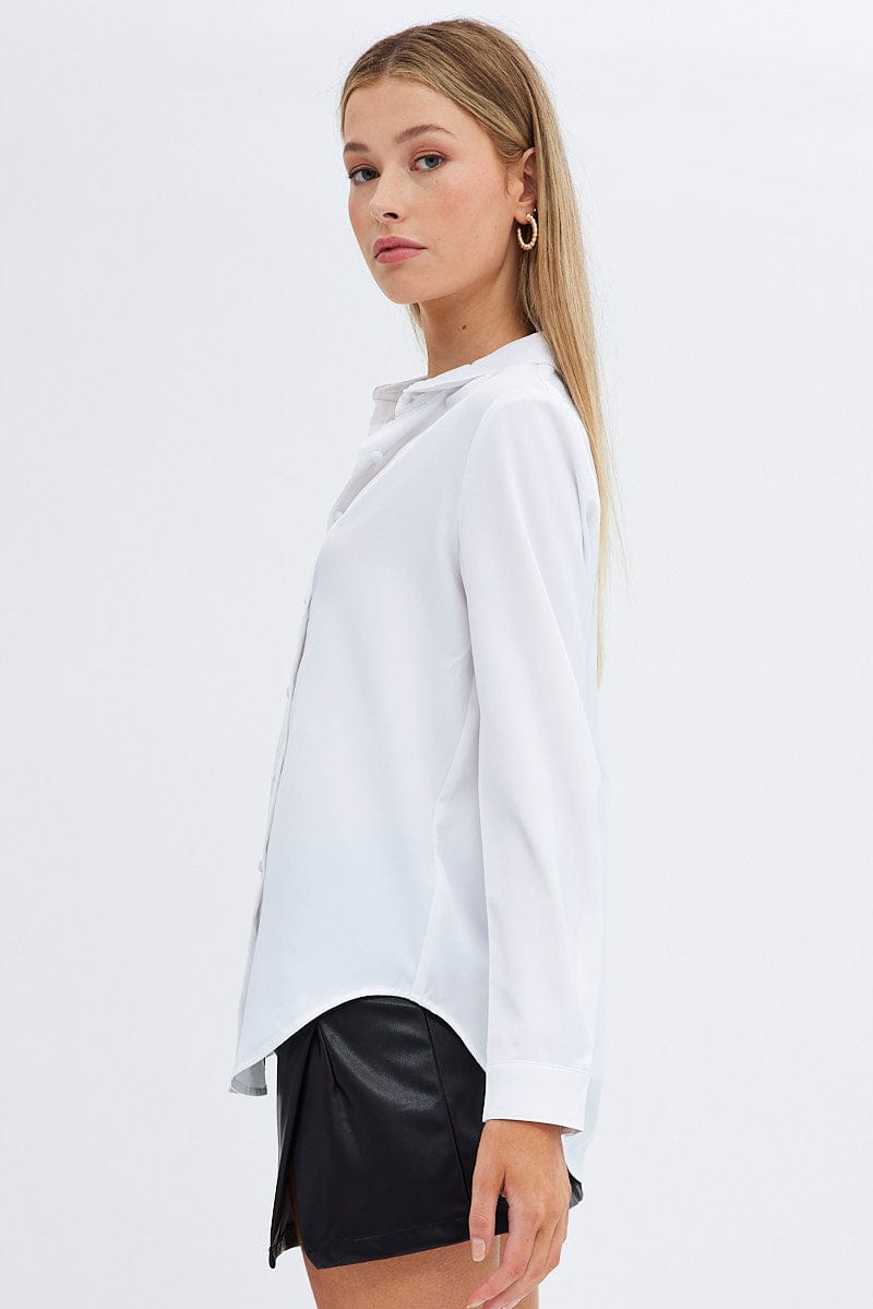 White Shirt Long Sleeve Collared Longline Matte Satin for Ally Fashion