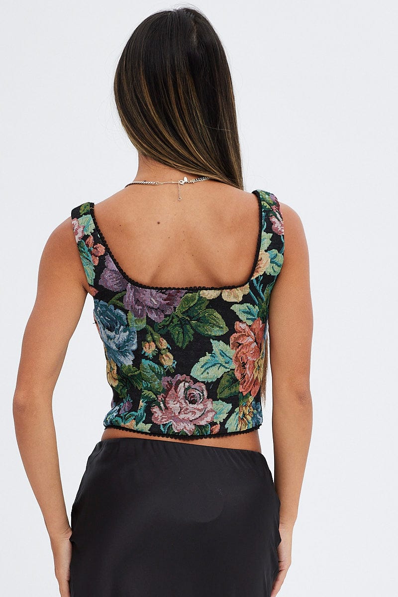 Black Floral Corset Top Sleeveless Square Neck Hook & Eye for Ally Fashion